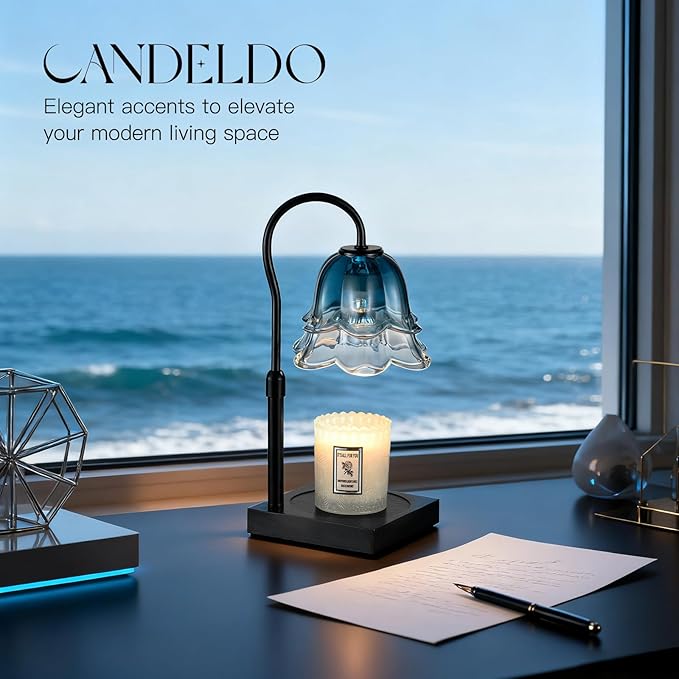Candeldo Candle Warmer Lamp with Timer: Navy Blue Flower Candle Warming Lamp with 2 Bulbs Height Adjustable Wax Warmer Dimmable Bedroom Decor Mothers Day Birthday Gift for Women