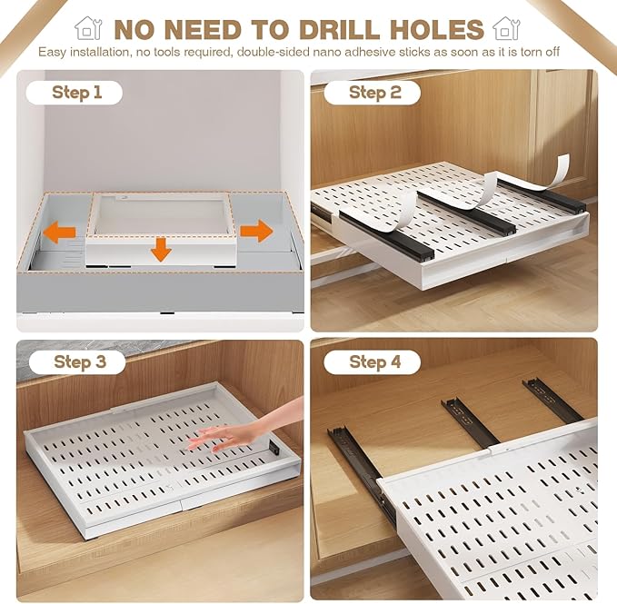 4 Pack Pull Out Cabinet Organizer With Raising Pad for Framed Cabinets,Expandable Width (13"-21") and Depth (17"-24"),3 Slide Rails Slide Out Drawers with Handle,No-Drill Roll Out Shelf,White