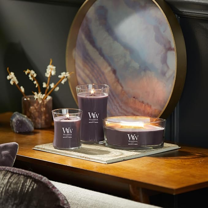 WoodWick Amethyst & Amber Gifts for Women and Men, 16 oz Ellipse Candle with Crackling Wick