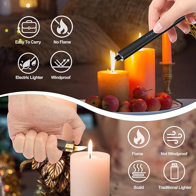 Electric Candle Lighter Rechargeable Windproof Flameless Gifts for Men Husband Dad Dual Arc Stocking Stuffers for Men Him Women Camping Kitchen USB Lighters with Safety Lock Valentines