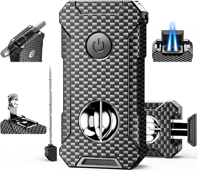 5-in-1 Torch Lighter with Cutter, Punch, Holder, and Draw Enhancer Tool, Adjustable Dual Jet Flames, Trendy Gift for Men, Refillable Butane Lighter, Rechargeable Lighters for Candle, Travel Outdoors