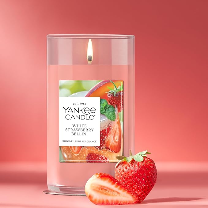 Yankee Candle Medium Pillar Scented Candle with up to 115 Hour Burn Time, Premium Plant Wax Blend for Consistent Burn, 14.25 oz Pillar Candle with Room Filling Fragrance, White Strawberry Bellini