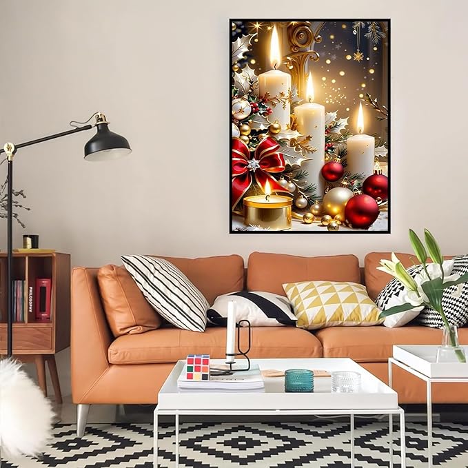 Diamond Art Kits for Adults, Christmas Candles Diamond Painting Kits for Beginners, 5D Full Drill Gem Art Paint with Diamonds Dots Crafts Kits for Home Decor Gift 12x16inch