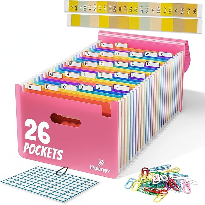 Accordion File Organizer, 26 Pockets Expanding Accordion Folder, A4 Letter Size Filing Organizer with Colorful Tabs, Elastic Cord, 60 Paper Clips, Labels & Stickers for Office (Pink)