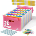 Accordion File Organizer, 26 Pockets Expanding Accordion Folder, A4 Letter Size Filing Organizer with Colorful Tabs, Elastic Cord, 60 Paper Clips, Labels & Stickers for Office (Pink)