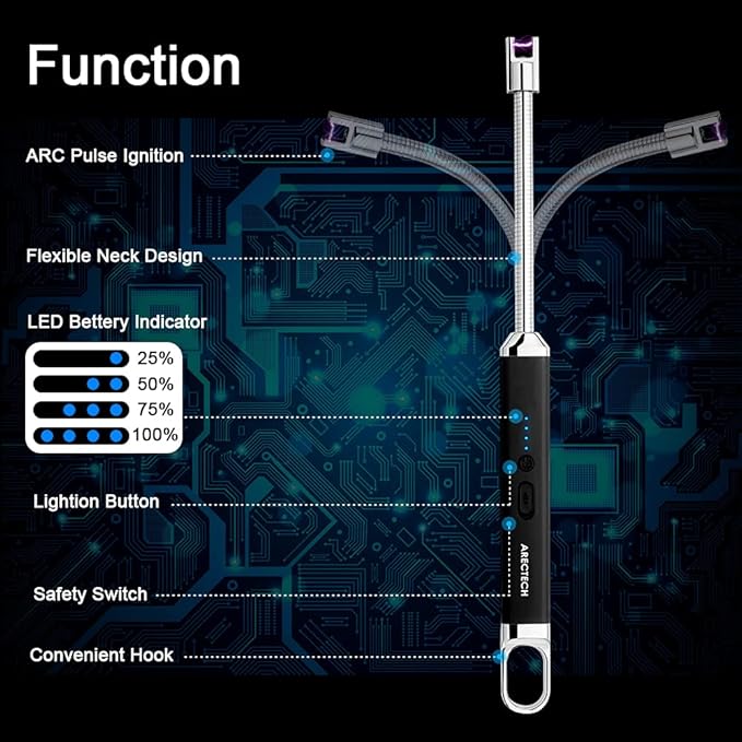 ARECTECH Electric Arc Candle Lighter Flameless Rechargeable USB Long Lighters for Candle Cooking BBQs Fireworks Black 2 Pack