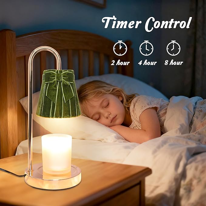 Green Coquette Bow Candle Warmer Lamp with Timer, Dimmable, Sage Green Décor Velvet for Home, Electric Wax Warmer for Jar Candles, Gifts for Birthday, Mom Women, Dad, Friend