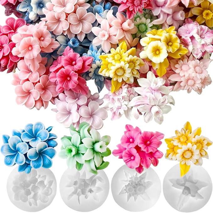 4pcs Flower Silicone Molds Scented Candles Soap Making Kit Candle Molds for Candle Making Supplies Sunflower Daffodils Petunia Plumeria Flower Silicone Mold for DIY Plaster Resin Floral Crafts