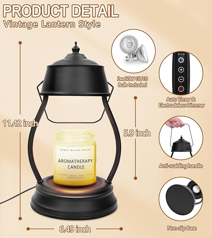 Candle Warmer Lamp, Dimmable Candle Warmer Lantern with Timer, Mothers Day Gifts for Women Mom, Office Home Decor, House Warming Gifts, Black Large Lantern Candle Lamp for New Home Bedroom Decor