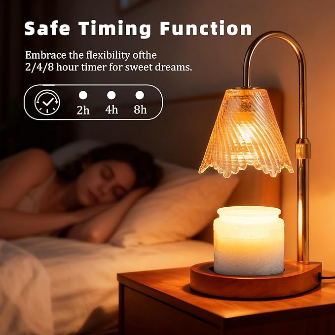 Candle Warmer Lamp with Timer Dimmable,Glass lampshade and Water-Drop-Shaped Wooden Base,Height Adjustable Candle Warmer with 2 Bulbs,Gifts for Women Mom,House Warming Gifts New Home Bedroom Decor