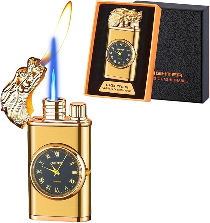 Magic Dragon Dual Flame Lighter - Windproof, Adjustable Flame, Refillable Butane Gas for Outdoor Candle - Gold