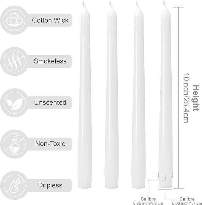 10-Inch Taper Candles - White Dripless Candlesticks Tall Unscented Tapered Candle Smokeless Paraffin Wax with Cotton Wicks 8 Hours Long Burning Candle Sticks for Church Prayer Rituals 4 Pack