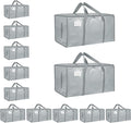 12 Pack-Extra Large Heavy Duty Moving Bags - Waterproof Storage Totes with Handles & Zippers, Foldable for College Dorm, Storage (light gray)