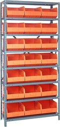 Quantum 1275-425OR Heavy Duty Shelving Unit with (8) Shelves and (21) SSB425 Orange Bins for Garage Warehouse Storage Distribution | 400 lb Load Capacity | 12"D x 36"L x 75"H, Galvanized Carbon Steel