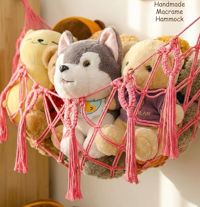 Stuffed Animal Net or Hammock for Flat Wall Mounted Handmade Macrame Toy Display Hanging Plush Toy Net for Stuff Animal Storage(pink large)