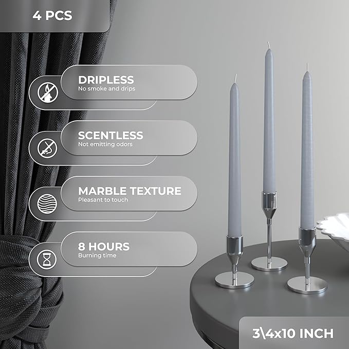 CANDWAX 10 inch Taper Candles - Set of 4 Dripless Unscented Candlesticks - Perfect for Dinner and Household Use - Light Gray