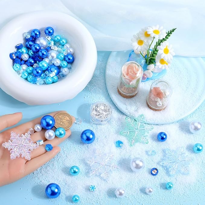 SUNNYCLUE 10000+Pcs Christmas Vase Fillers Candle Fillers Snowflake Vase Filler Winter Snowman Blue Polymer Clay Beads Floating Pearl Beads for Vases Home Table Centerpieces Holiday Party Decor
