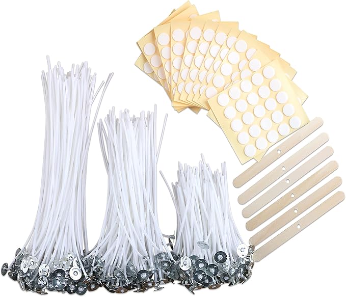 MILIVIXAY 300pcs Cotton Candle Wicks (3.5"/6"/8"), 300pcs Stickers, 6pcs Wooden Wick Holders - Candle Making Kit