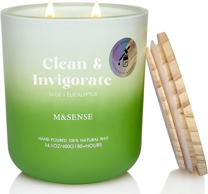 M&SENSE Sage Eucalyptus Scented Candle for Home, 14.1oz 80-Hour Non Toxic Long-Lasting Natural Soy Wax Fragrance, 2 Wick Summer Scented Aromatherapy Candle for Relaxing Stress Relief Meditation Yoga