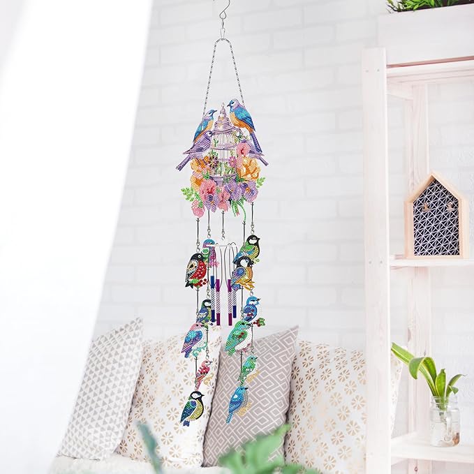 Birdcage Diamond Art Painting Wind Chime DIY Kits Sparrow Birds 5D Diamond Art Wind Chimes Hanging Ornament Set Double Sided Special Shaped Gem by Number Mosaic Wind Chime for Yard Tree Outside Decor
