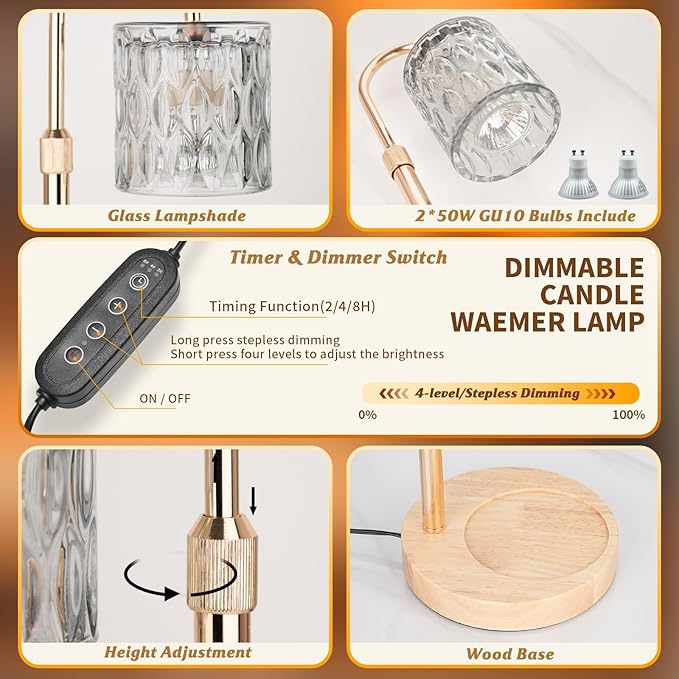 HAIDOLIANG Candle Warmer Lamp with Timer and Dimmer, Height and Brightness Adjustable,Glass Electric Wax Warmer with 2 Bulbs for Women Mom Gifts, Home Decor for Scented Jar Candles (Grey)