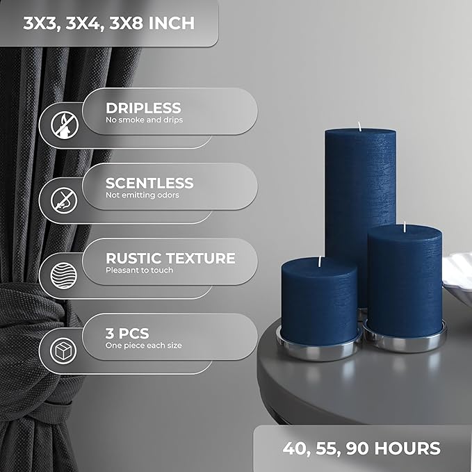 CANDWAX Assorted Pillar Candles Set of 3 – Sizes 3", 4", 8" Unscented Dripless Large Candles, Rustic Style Long Burning for Weddings, Decor – Dark Blue