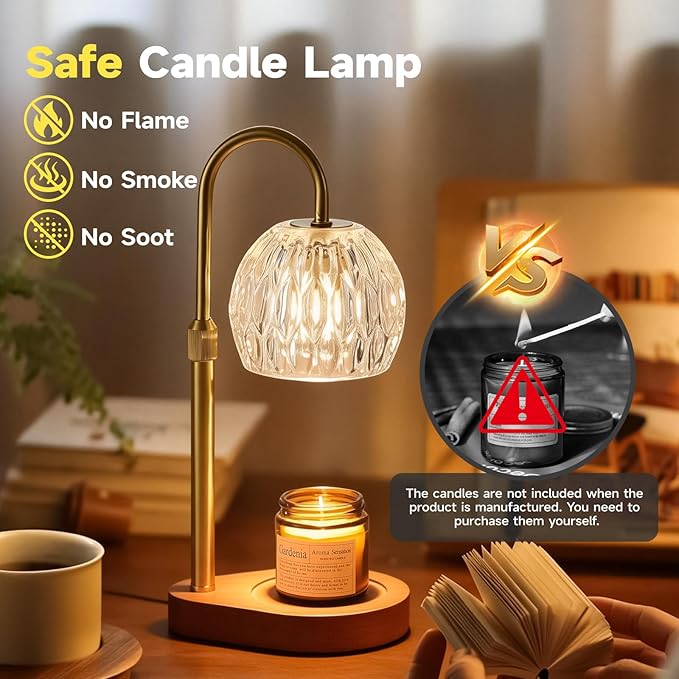 WEILASA Candle Warmer Lamp Crystal Glass Shade, Electric Candle Melter with Adjustable Wooden Bottom seat for Home Warm Home Decoration Gifts-Gold