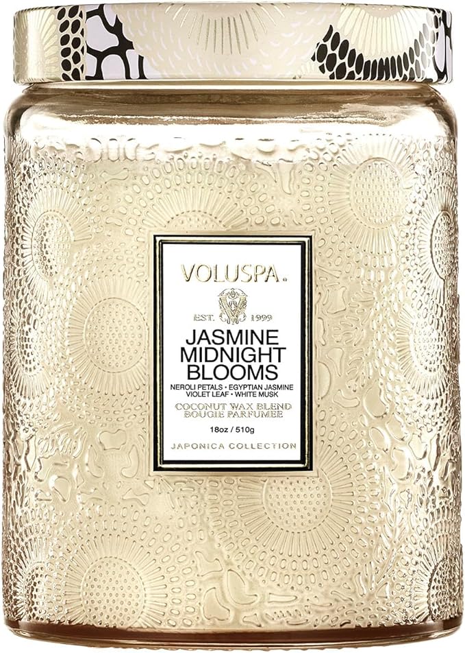 Voluspa Jasmine Midnight Blooms Candle, Large Glass Jar Candle, 18oz, Coconut Wax Blend, Scented Candles for Home, 100 Hour Burn Time, Handcrafted in The USA