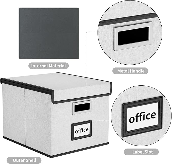 Huolewa File Organizer Box with Lid, Collapsible File Folder Organizer for Office Document Storage, Filing Box with Plastic Slide for Letter Size Hanging File Folders(1 Pack, Light Grey)
