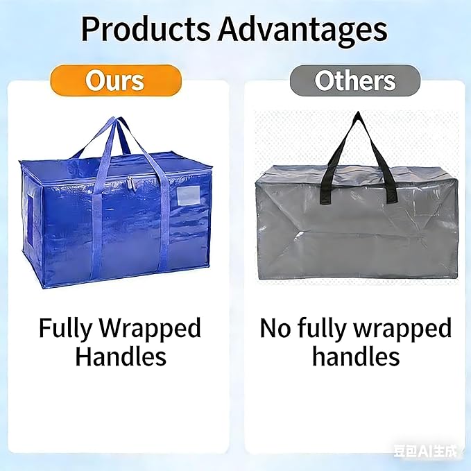 4PK Extra Large Heavy Duty Moving Bags, Blue Storage Moving Bags, Reinforced Handles & Heavy-Duty Zippers Moving Boxes, Storage Bags Totes for Clothes, College Supplies, Traveling.