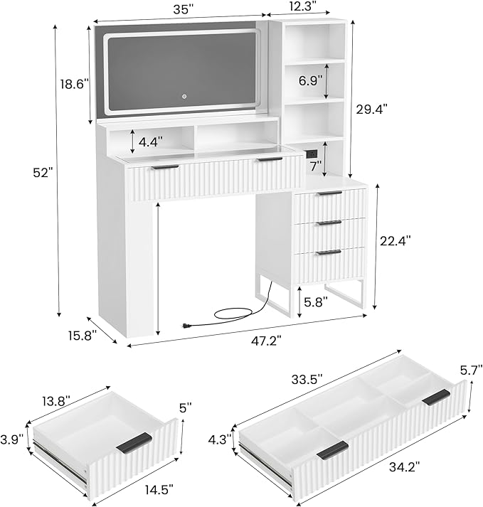 HAIOOU Fluted Vanity Desk with Mirror and Lights,48" Large Makeup Vanity Desk with Charging Station,Dressing Table with 4 Drawers & 3 Open Storage Shelves, Glass Top for Bedroom,White