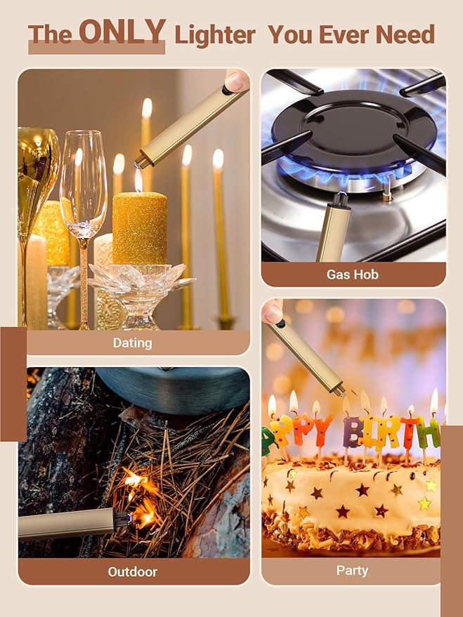 Candle Lighter Stocking Stuffers for Women Men, Electric Candle Lighter USB Rechargeable Graduation Gifts for Him Wife Girlfriend Safety Lock Long Lighters for Grill Kitchen BBQ Camping,Champagne Gold