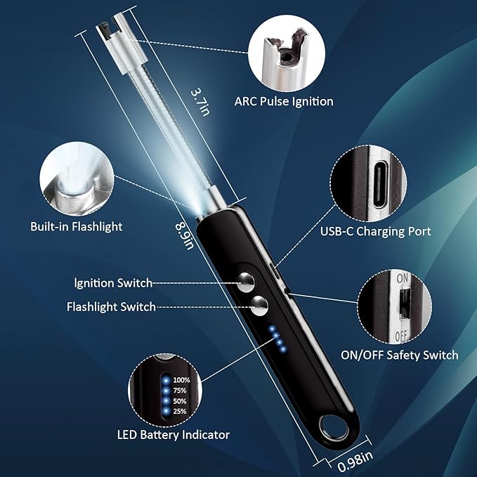 Lighters for Candle,Flameless Plasma Arc Electric Lighter USB C Rechargeable, Long Flexible Neck with Safety Switch for Birthday, Fireplace, Stocking Stuffers Gifts (Black)