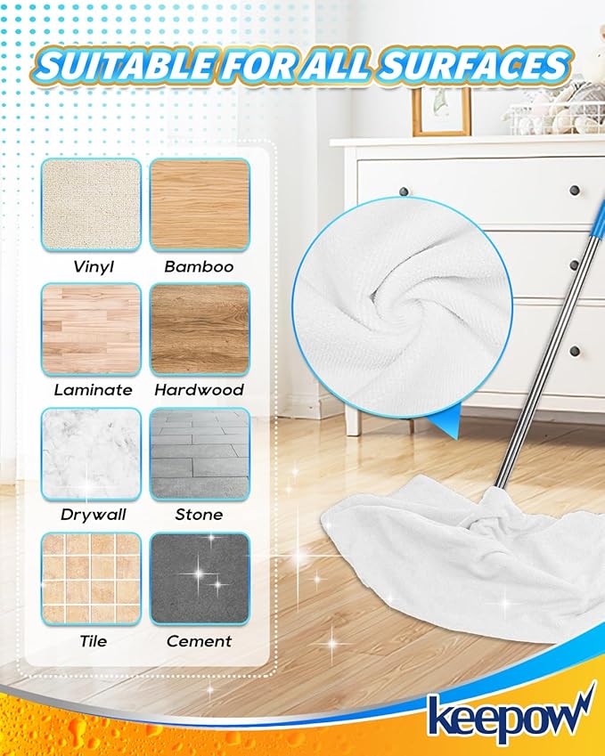 KEEPOW 4PCS Extra Large Microfiber Cleaning Clothes, 30"x20" for Squeegee Mop, Washable Reusable for Glass, Windows, Office & Car Cleaning, Highly Absorbent, Lint and Streak Free (White & Blue)
