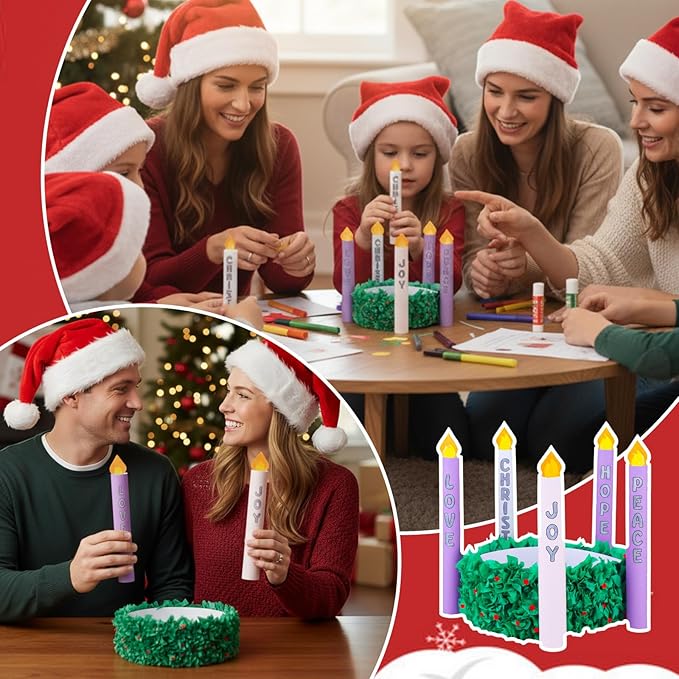 Eaasty 24 Set Christmas Advent Wreath Craft Kits Stand up Advent Tissue Paper Wreath Craft with Christ Peace Joy Love Hope Candle Paper DIY Holly Leaves Tissue for Christmas Activities
