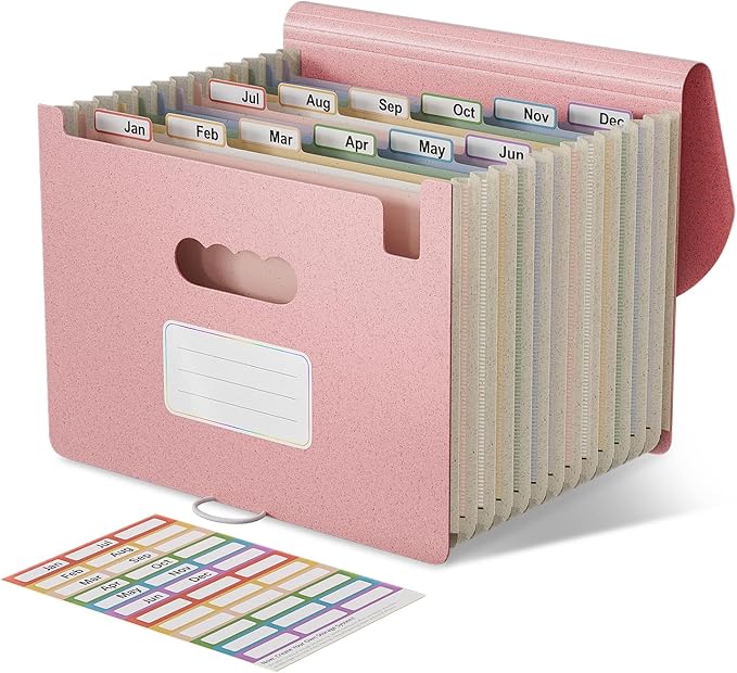 EcoStash Accordion File Organizer, 12-Pocket Wheat Straw Expanding File Folder, Portable Monthly Bill & Tax Receipt Organizer, Letter/A4 Size Document Holder with Colorful Tabs-Strawberry Pink
