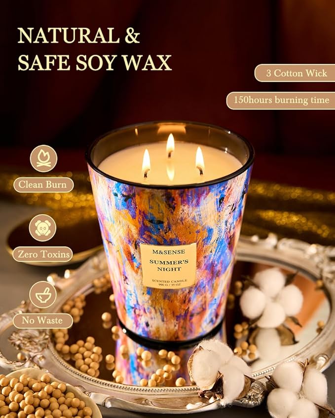 M&SENSE Summer Night Scented Soy Large Candle, 3-Wick 35oz 150 Hours Non-Toxic, Calming Stress Relief Candles for Home Scented Decor, Housewarming Gift for Men & Women