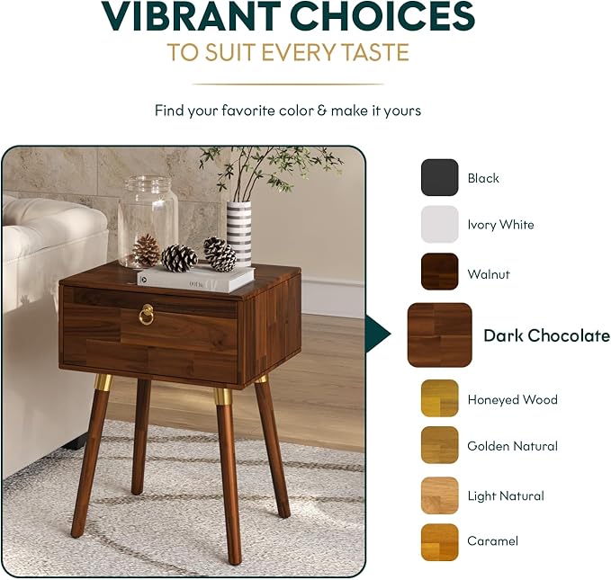 Bme Alden Solid Wood Nightstand/Side Table/End Table, Fully Assembled, with 1-Drawer for Mid Century Bedroom and Living Room, (12mm), Dark Chocolate