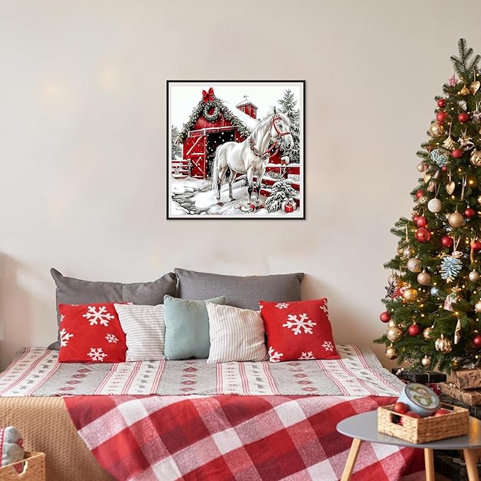 SENQAO Horse Diamond Art Kits for Adult, Christmas House Diamond Painting Kits for Beginners, DIY Full Drill Winter Holdiay Rhinestone Diamond Dots Gem Painting Art Craft Home Decor 12 x12 Inch