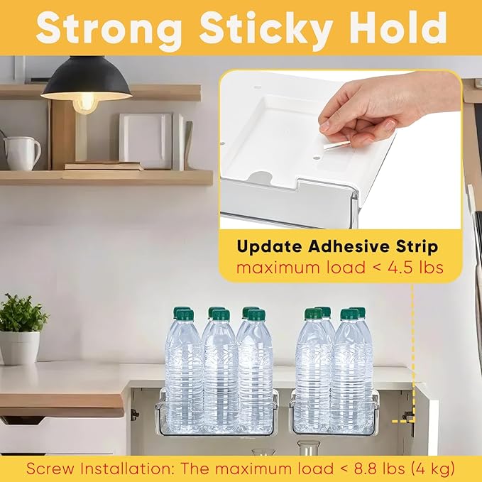 2 Pack Under Desk Hanging Drawer Slide Pull Out, Attachable Clear Acrylic Storage Tray, Easy Hidden Self Adhesive Mount Cabinet Shelf Holder for Tables, Home & Office, Counters, Workstation
