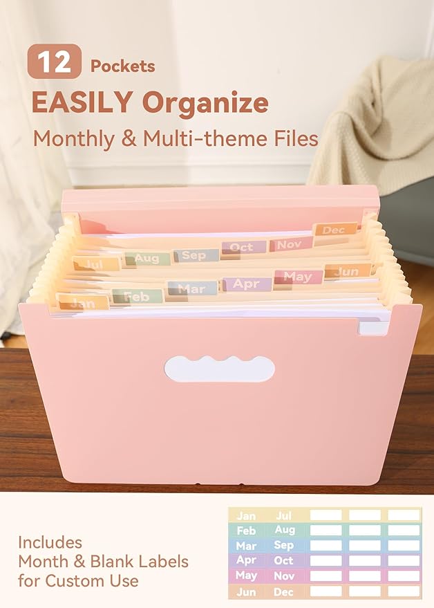 SortRax Accordion File Organizer 12 Pockets, Monthly Bill Receipt Tax Organizer, Expanding File Folders with Larger Bright Tabs, Fits Letter/A4 Size - Pink