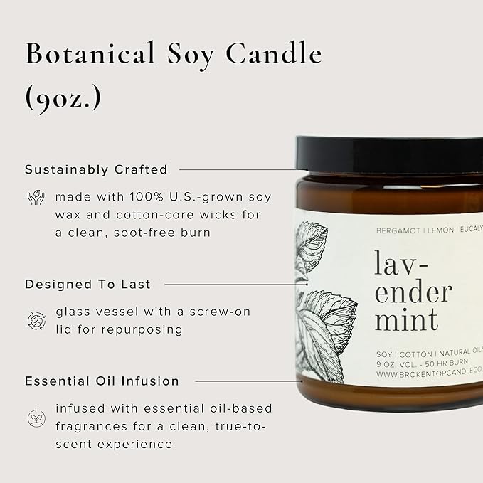 Broken Top Lavender Mint Pure Soy Candle | 9 oz. | Bergamot, Lemon & Eucalyptus 50-Hour Burn Time. Natural Cotton Wick, Vegan, No Parabens, No Phthalates