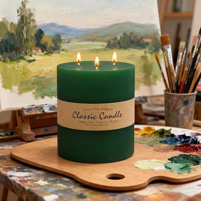 Large 3-Wick Green Pillar Candle - 6x6 Inch Dripless & Smokeless Unscented Fat Candle, 120 Hour Long Burning Hand-Poured Thick Candle with Cotton Wicks