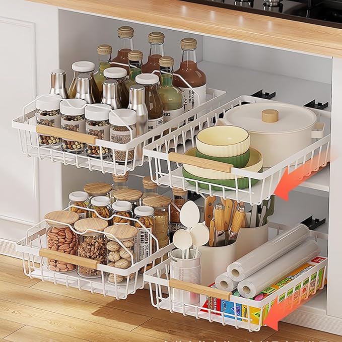 2 Pack No Drill Pull Out Cabinet Organizer, Premium Carbon Steel Slide-Out Drawer with strong nano adhesive, Under Cabinet Storage Shelf for Kitchen, Pantry, Bathroom, White