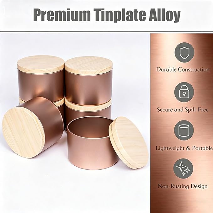 Hiztghc 24-Pack 8oz Cylinder Candle Tins with Wood-Grain Lids Multi-Purpose Containers for Storage,Aromatherapy Candle Making, Small Plants, Holiday Gifts & Arts & Crafts (Rose Gold)