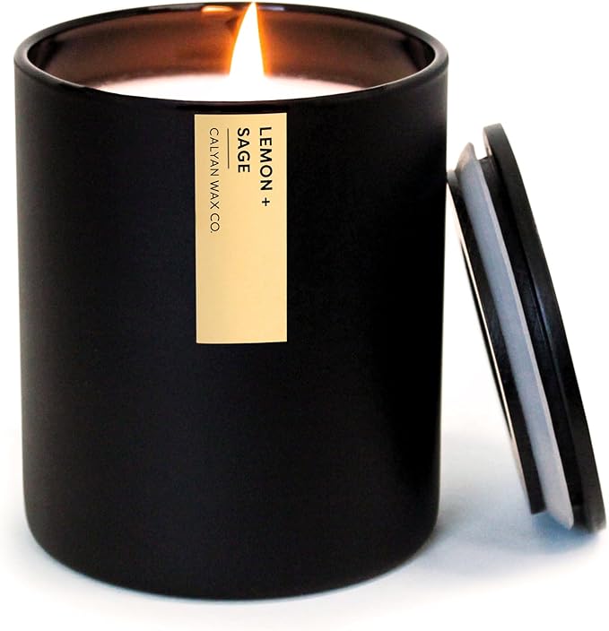 Calyan Wax Co. Lemon & Sage Scented Candle - 75 Hour Burn - Luxury Non Toxic Soy Wax Candles - Long Lasting Black Tumbler Jar Candle for Home - 10.2oz