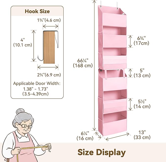 GRANNY SAYS Over The Door Organizer, 6-Shelf Detachable Behind the Door Storage with 8 Pockets, Waterproof Anti Tilt 40lb Large Capacity Hanging Shelf for Nursery, Bedroom, Kids Room, Pink