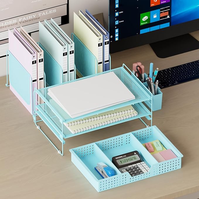 LEKETREE Blue Desk Organizer, Office Organization with Vertical File Holder, File Organizer with Drawer and Pen Holder, Desk Accessories and Workspace Organizers for Home Office (Sky Blue)