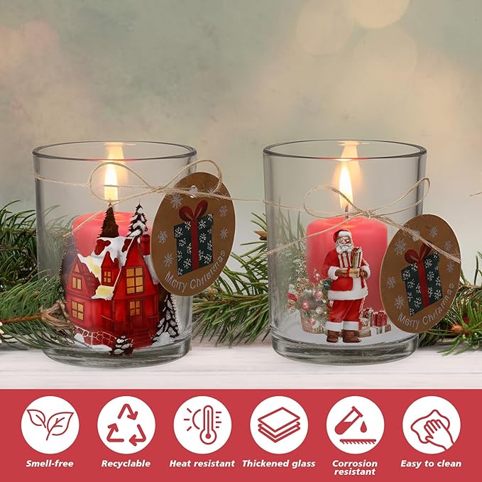 Potchen 12 Pack Christmas Santa Claus Clear Candle Jars for Making Candles 7 oz Empty Glass Jars with Wood Lids and Blessing Card Snowman Candle Containers for DIY Gifts Home Tea Party Holiday Decor