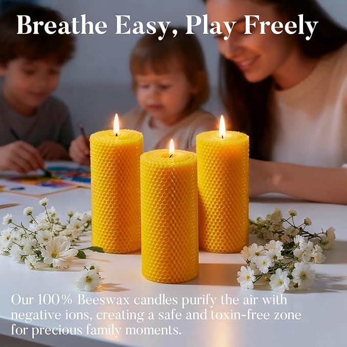 Beeswax Pillar Candles, 3x6 Inch -Set of 3 Hand-Rolled Honeycomb Candle - Long Burning 270+ Hours, Dripless Smokeless Unscented Handmade Beeswax for Home Decor, Prayer, Wedding,SPA